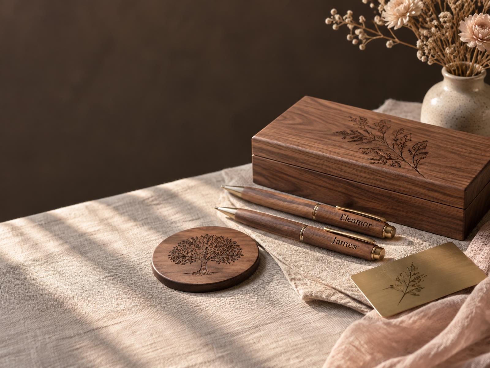 Engraved wood pens, coaster, brass card, and keepsake box arranged on linen